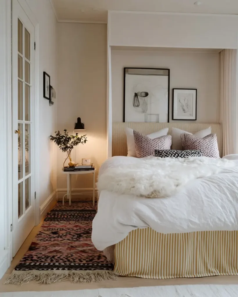 47 Scandinavian Bedroom Interior Design Ideas for a Serene Retreat 34 Scandinavian bedroom nook with a striped headboard and bed skirt, a sheepskin throw, and a vintage-style runner.
