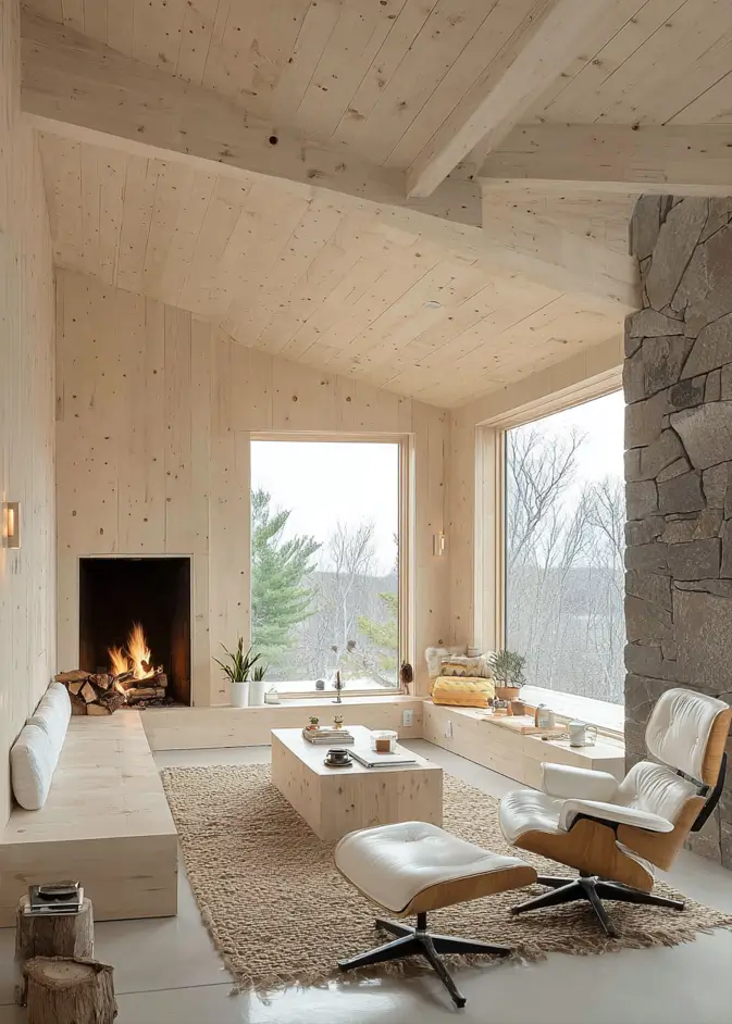 35 Scandinavian Living Room Ideas for a Cozy, Minimalist Home 34 Minimalist built-in wooden bench seating along a window in a bright Scandinavian living room with fireplace.