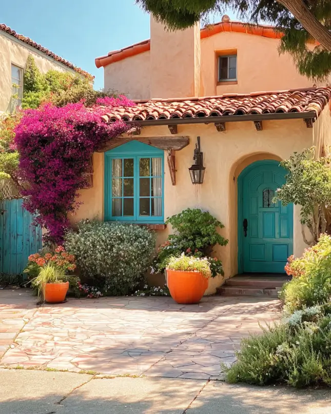 38 Small Mediterranean-Style Homes That Define Coastal Charm 34 Peach stucco cottage exterior with a bright turquoise door and window trim, contrasted by pink bougainvillea.