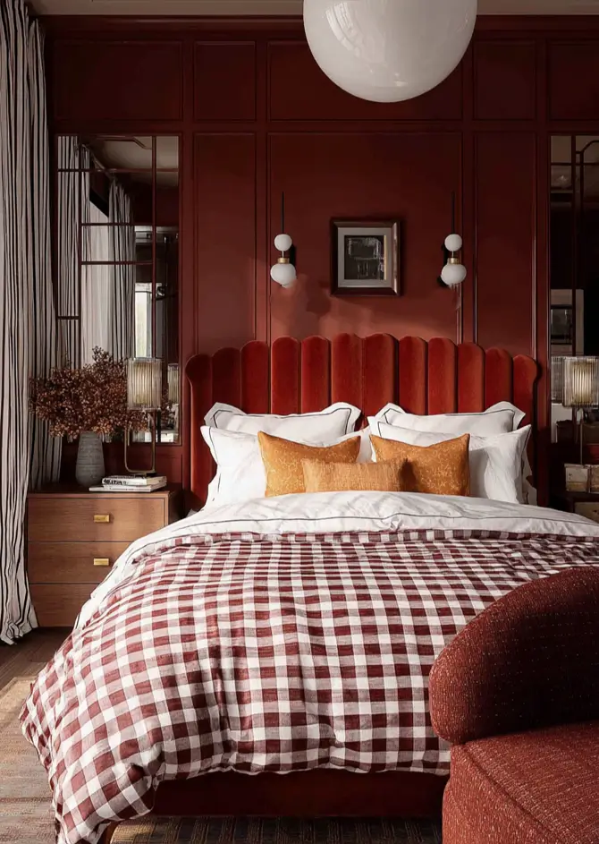 49 Headboard Design Ideas That Instantly Elevate Your Bedroom 34 Terracotta red scalloped channel tufted velvet headboard with red and white gingham bedding.