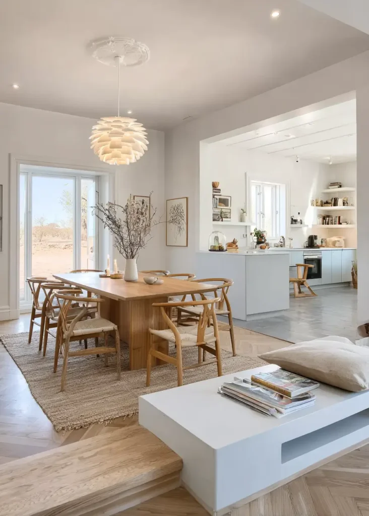 A contemporary Scandinavian dining area with a wood table, wishbone-style chairs, and a white artichoke-style pendant, opening to a kitchen.
