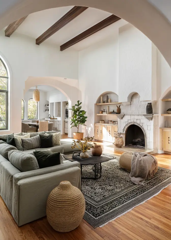 46 Modern Mediterranean Living Room Design Ideas 35 Comfortable Mediterranean living room design with deep sage green sectional sofa.