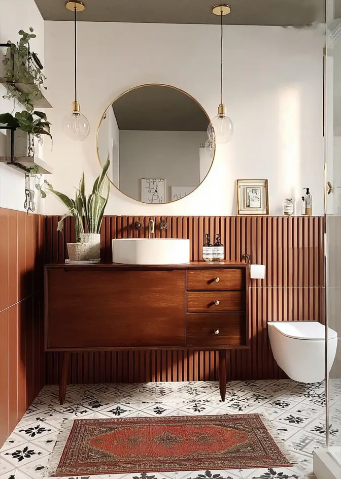 43 Mid Century Modern Small Bathroom Ideas for a Timeless Oasis (2025) 35 Walnut vanity with terracotta wainscoting and patterned floor tiles in a warm retro bathroom.