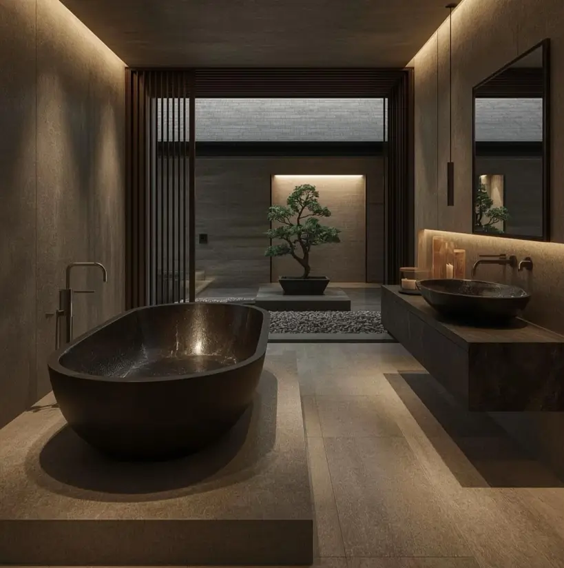 A moody Japandi spa bathroom with dark stone tiles, a freestanding tub, and a bonsai tree focal point.