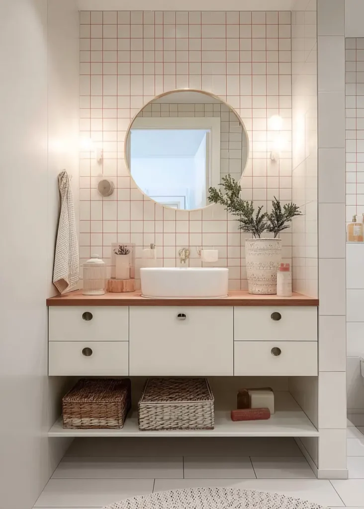 46 Scandinavian Bathroom Design Ideas for a Serene Sanctuary 35 Peach grid tiles behind a round brass mirror and white vessel sink in a modern Scandinavian bathroom.