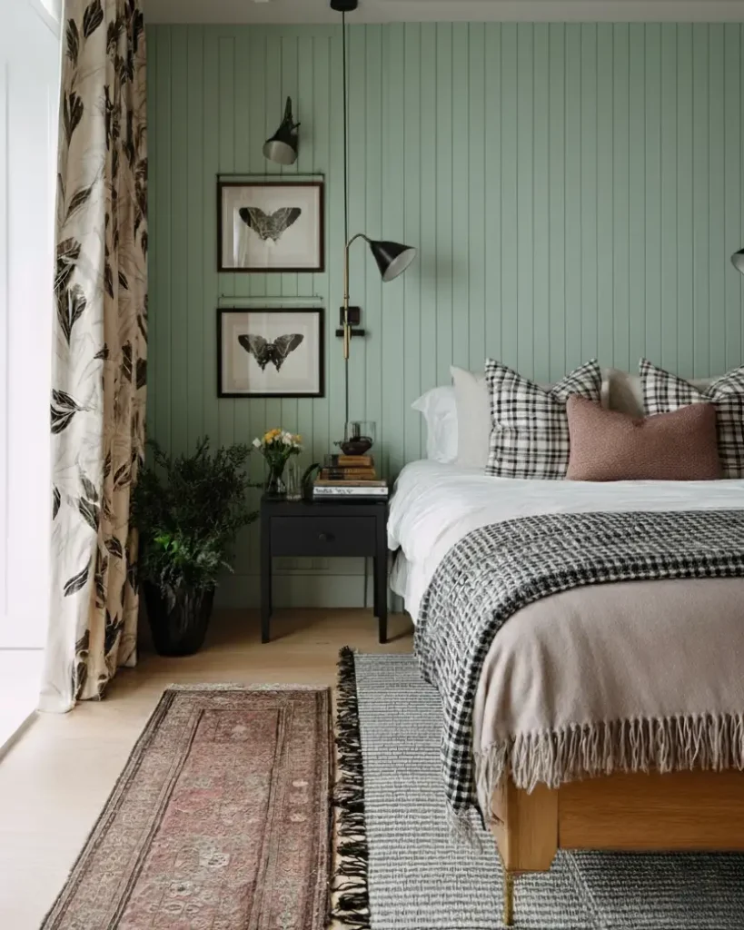 47 Scandinavian Bedroom Interior Design Ideas for a Serene Retreat 35 Scandinavian design bedroom with sage green paneled walls, layered rugs, and plaid pillows.