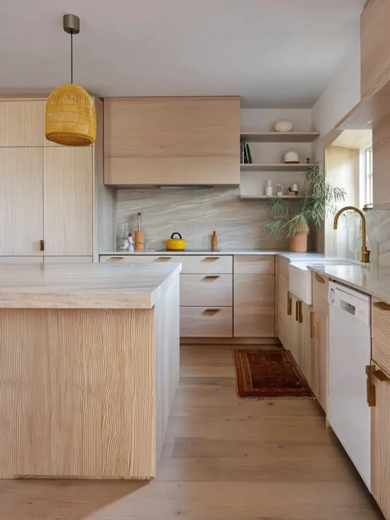 Scandinavian kitchen ideas featuring pale wood cabinets and yellow pendant light.