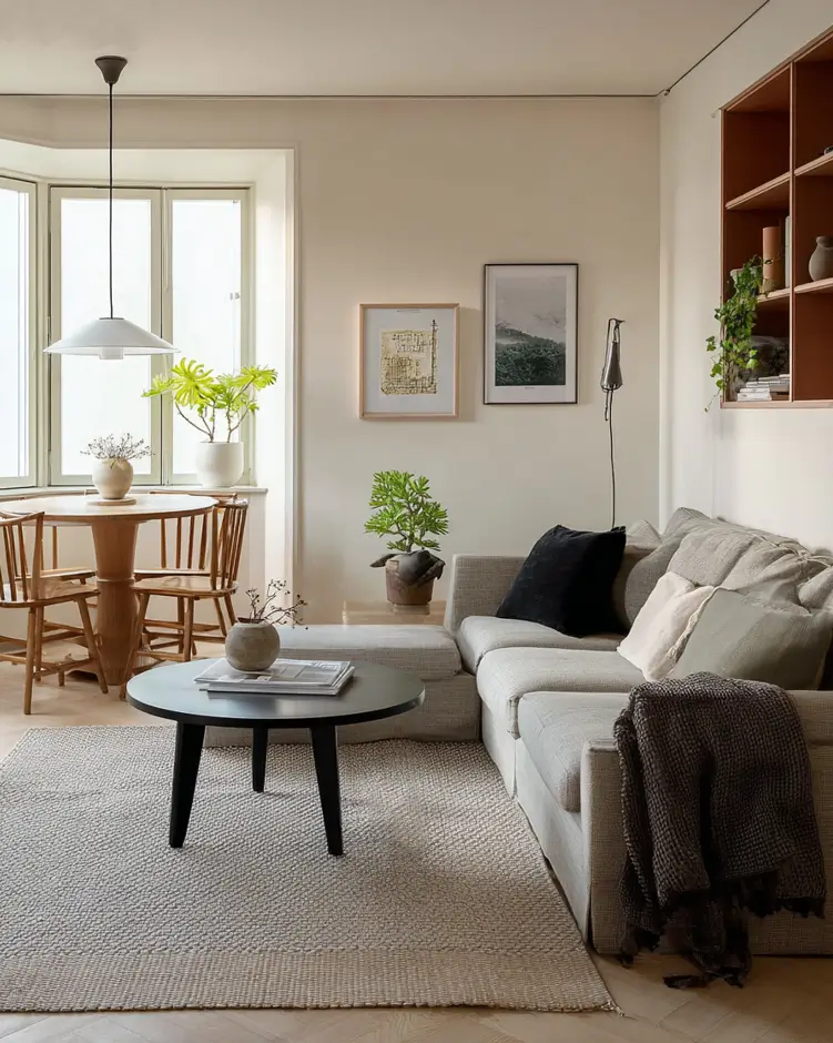 35 Scandinavian Living Room Ideas for a Cozy, Minimalist Home 35 Flexible grey sectional sofa layout in a neutral Scandinavian living room with round black coffee table.