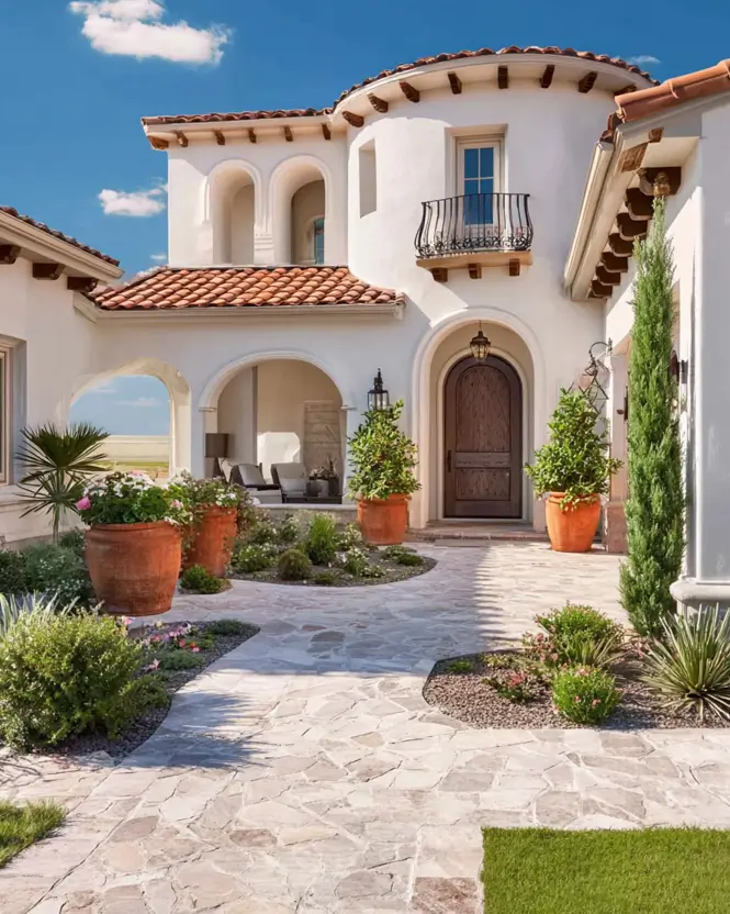 38 Small Mediterranean-Style Homes That Define Coastal Charm 35 Classic Hacienda-style courtyard featuring white stucco arches, flagstone paving, and large terracotta planters.