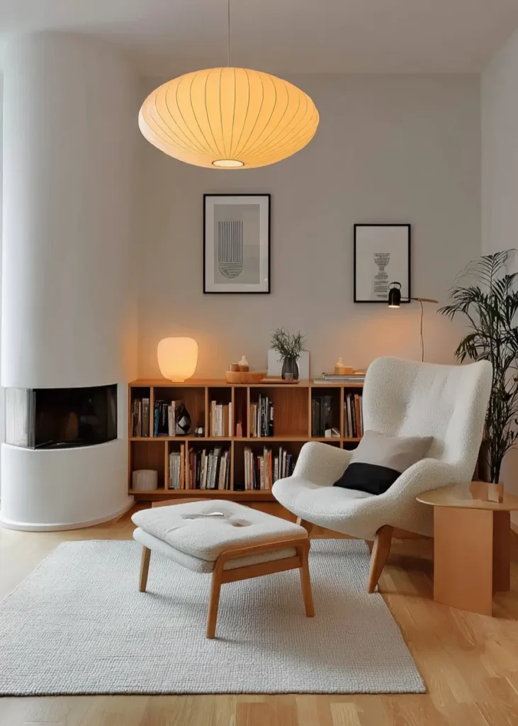 A contemporary Scandinavian reading nook with a white bouclé armchair, a modern fireplace, a low wood bookshelf, and a bubble pendant light.