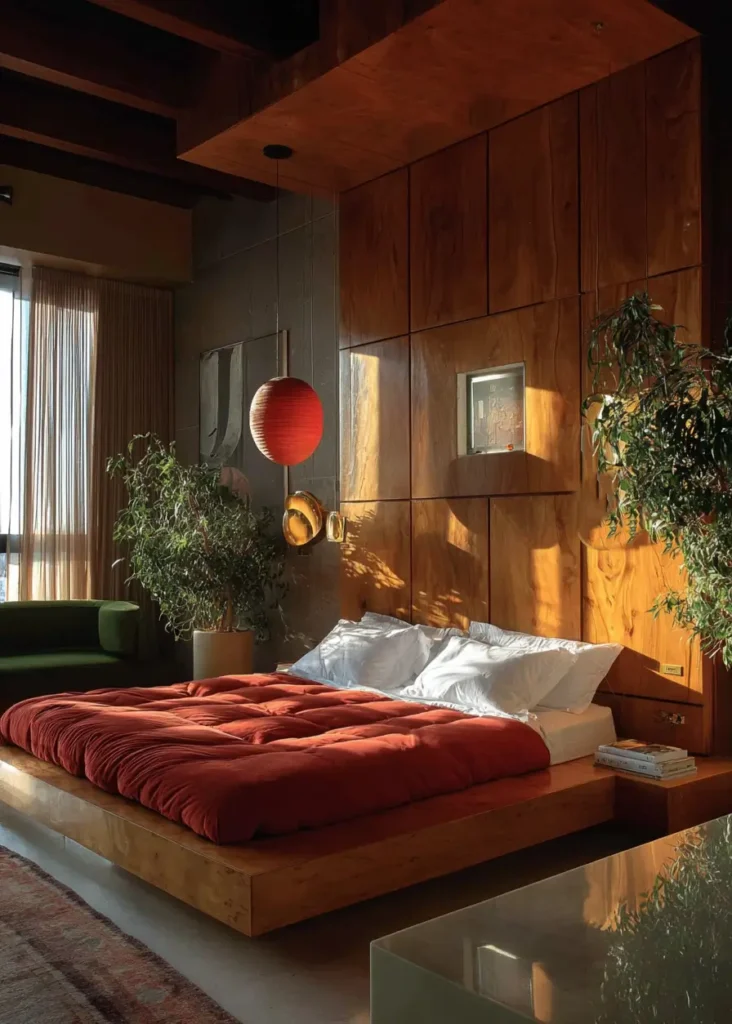 49 Headboard Design Ideas That Instantly Elevate Your Bedroom 36 Floor-to-ceiling wood panel headboard with low platform bed and rust-colored bedding.