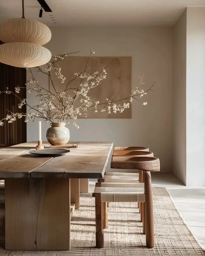 A Japandi dining space with a rustic wood table, woven-seat chairs, and paper pendant lights.
