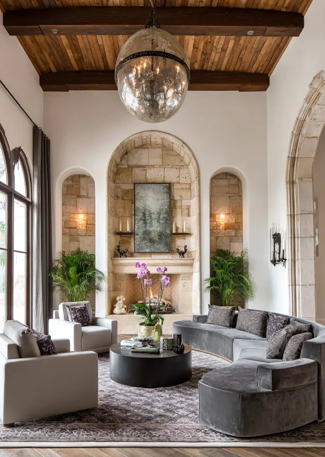 46 Modern Mediterranean Living Room Design Ideas 36 Luxurious Mediterranean living room with curved velvet sofa and oversized glass pendant.