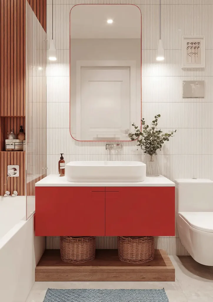 43 Mid Century Modern Small Bathroom Ideas for a Timeless Oasis (2025) 36 Red floating vanity with matching mirror frame and white vertical tiles in a modern bathroom.