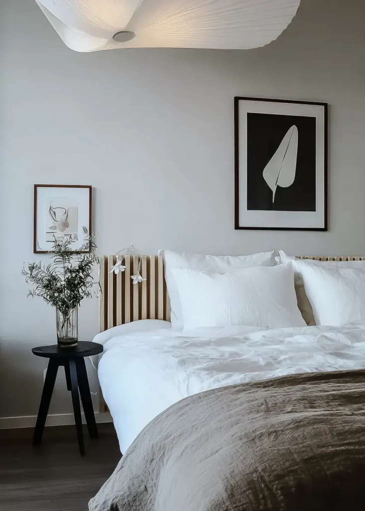 47 Scandinavian Bedroom Interior Design Ideas for a Serene Retreat 36 Minimalist Scandinavian bedroom with a wood slat headboard, black nightstand, and high-contrast abstract art.