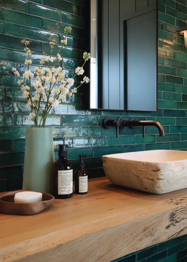 A modern bathroom with emerald green subway tile and a rustic stone vessel sink.
