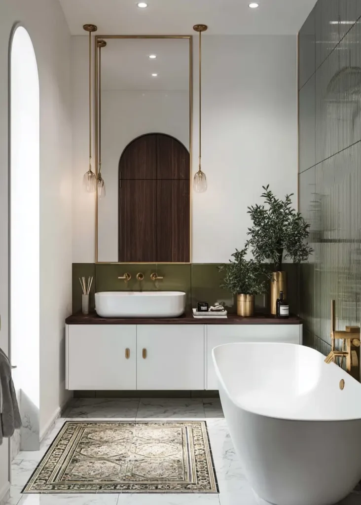 46 Scandinavian Bathroom Design Ideas for a Serene Sanctuary 36 Mosaic tile inlay rug on marble floor in front of a white freestanding tub and vanity.