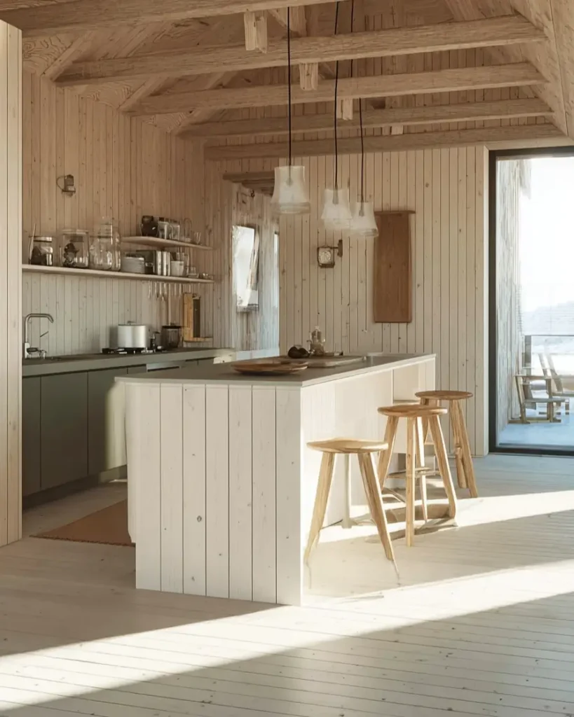 Scandinavian kitchen ideas featuring whitewashed timber walls and olive green cabinets.