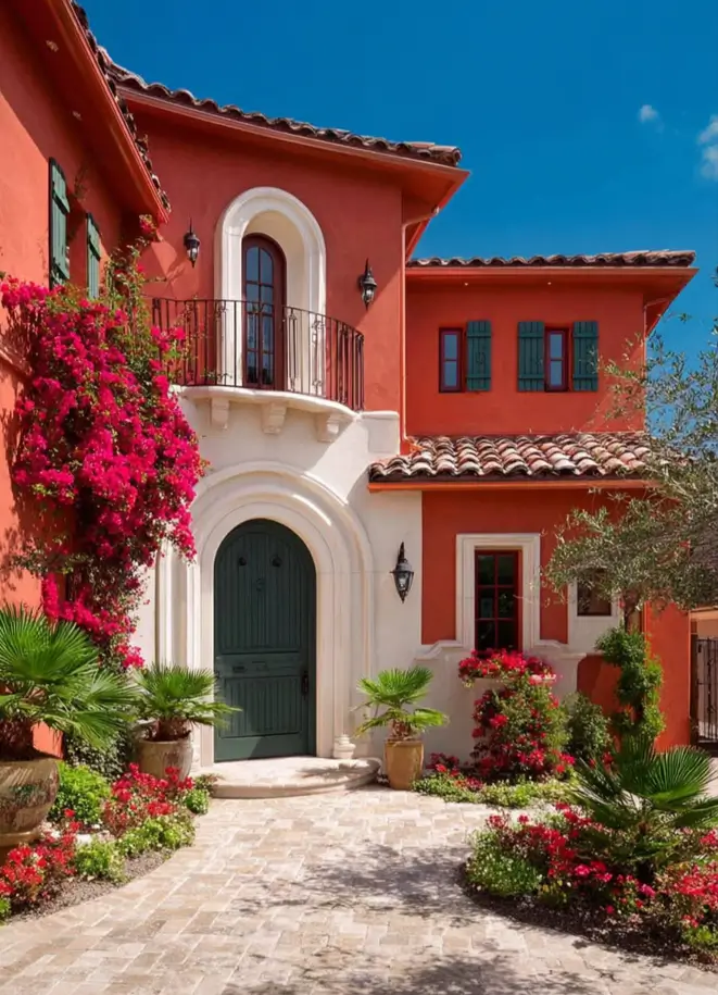 38 Small Mediterranean-Style Homes That Define Coastal Charm 36 Vibrant red small Mediterranean-style home villa with white arch trim, dark green shutters, and climbing pink bougainvillea.