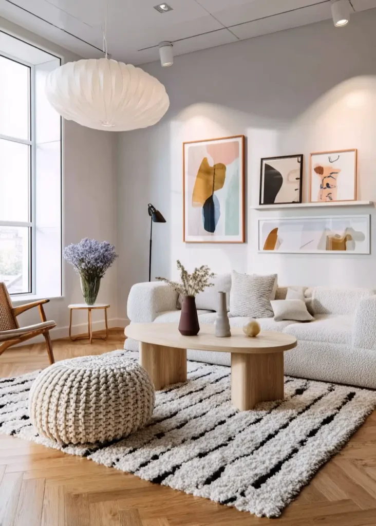 A contemporary Scandinavian living room with a white bouclé sofa, a patterned rug, a bubble pendant, and a modern art gallery ledge.
