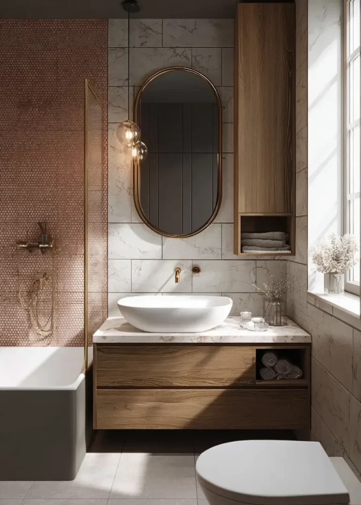 46 Scandinavian Bathroom Design Ideas for a Serene Sanctuary 37 Copper penny tiles in shower next to wood vanity and marble wall in a modern bathroom.