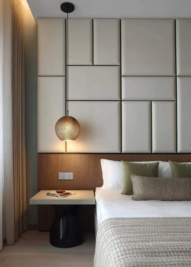 49 Headboard Design Ideas That Instantly Elevate Your Bedroom 37 Cream asymmetric grid upholstered headboard wall with dark piping and modern pendant light.