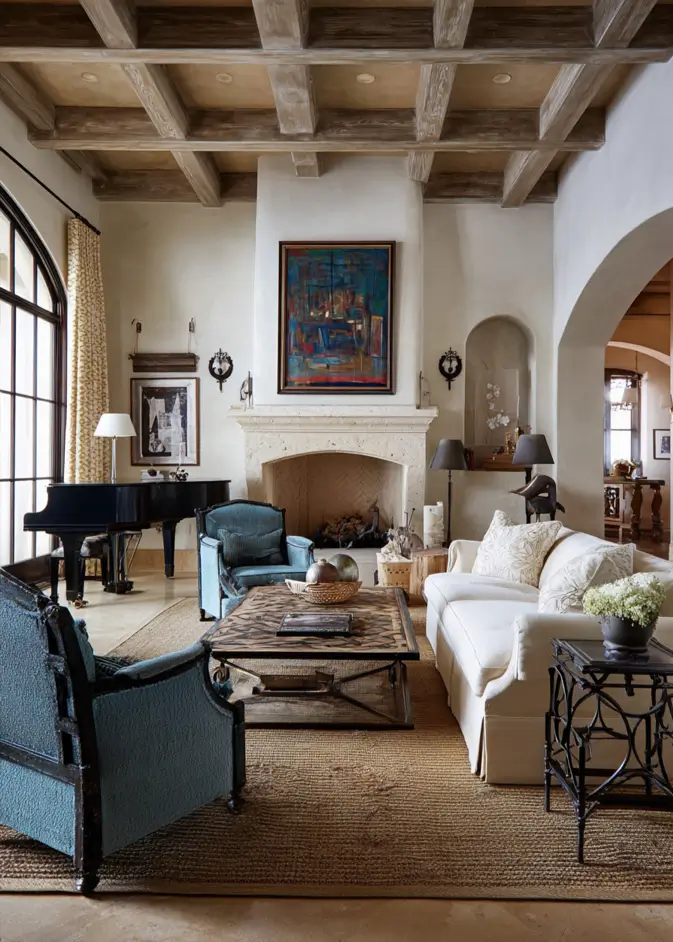 46 Modern Mediterranean Living Room Design Ideas 37 Modern Mediterranean style living room with grand piano and teal velvet armchairs.