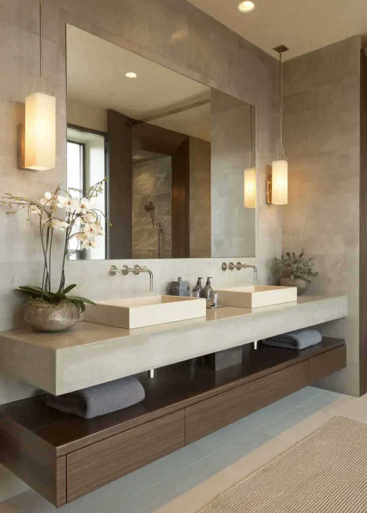 Modern ranch style bathroom with a floating concrete vanity, dark wood drawers, and vessel sinks.