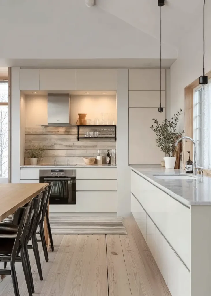 Scandinavian kitchen interior design featuring weathered wood backsplash and white cabinets.