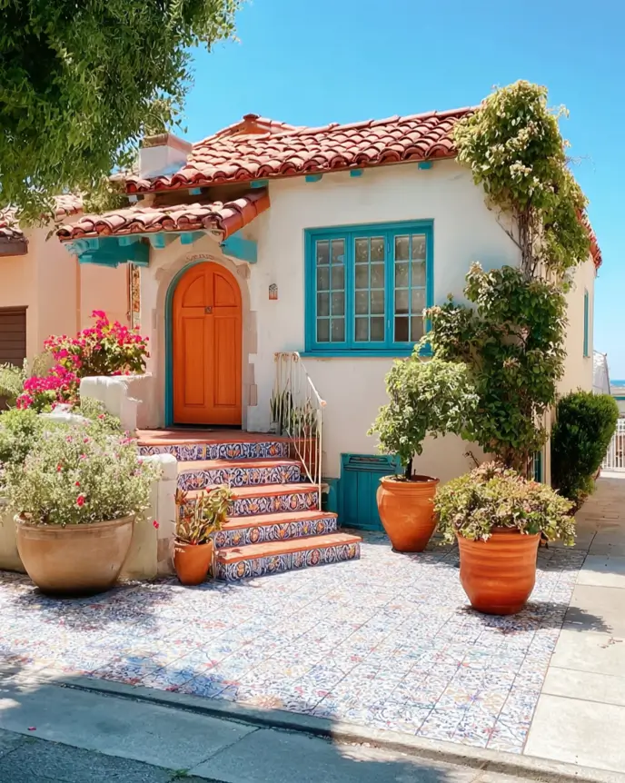 38 Small Mediterranean-Style Homes That Define Coastal Charm 37 Small Mediterranean home terrace with intricate blue and white patterned tiles and a bright orange arched entry door.