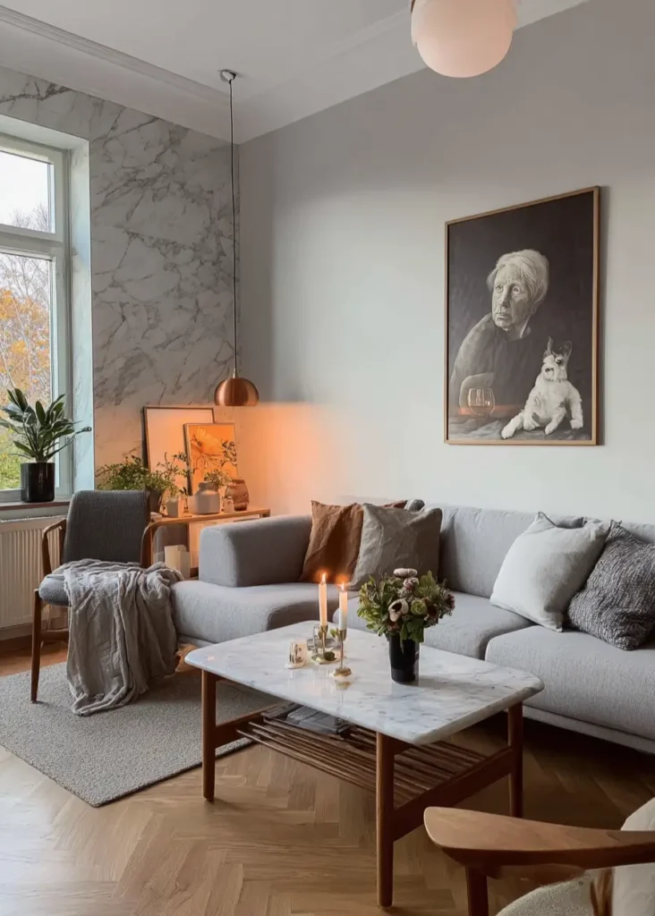 A contemporary Scandinavian living room with a grey sofa, marble coffee table, marble accent wall, and a large portrait.