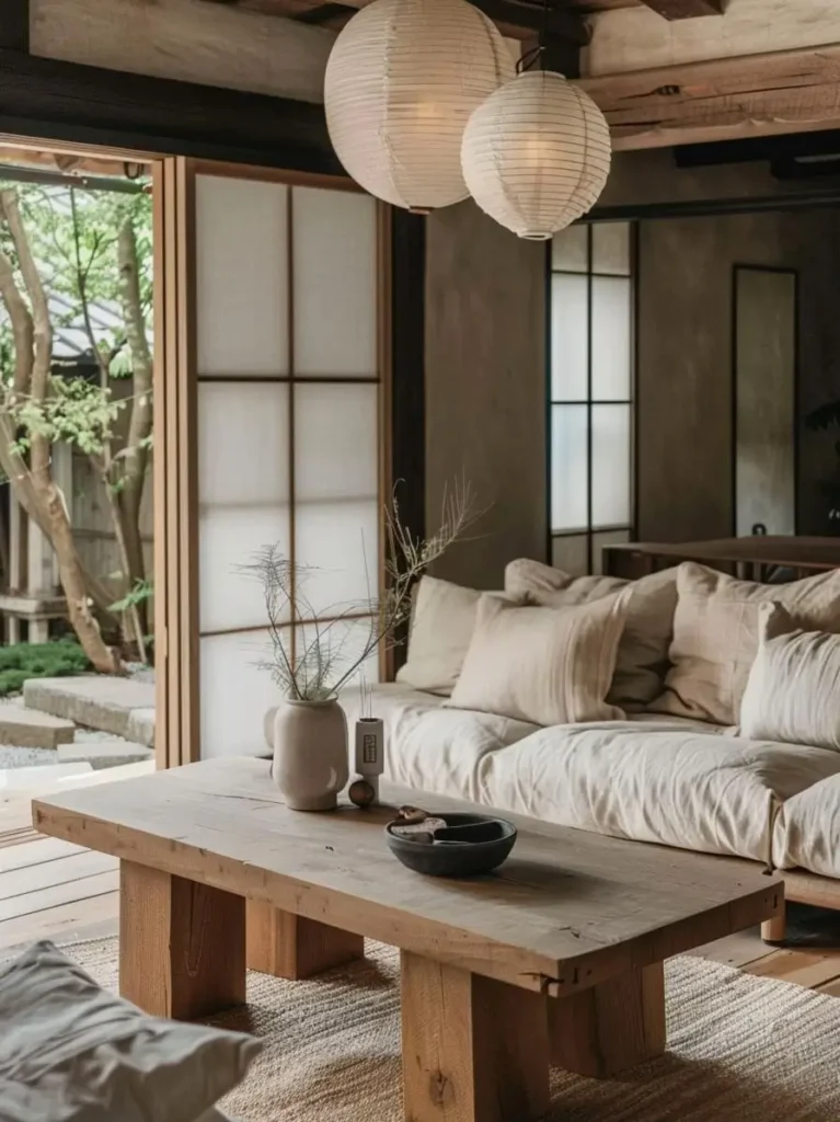 A rustic Japandi living room with a rough-hewn wood table, a low linen sofa, and shoji screens opening to a garden.