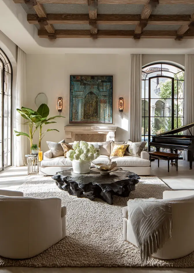 46 Modern Mediterranean Living Room Design Ideas 38 Mediterranean living room design featuring a massive organic tree trunk coffee table.