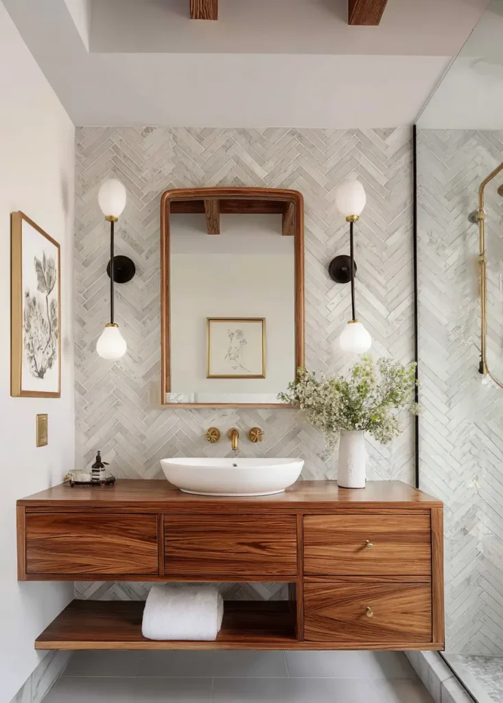 43 Mid Century Modern Small Bathroom Ideas for a Timeless Oasis (2025) 38 Walnut vanity with vessel sink and marble herringbone wall tiles in a mid century bathroom.