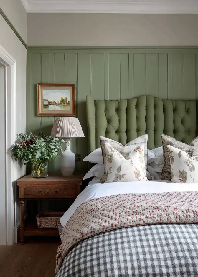 49 Headboard Design Ideas That Instantly Elevate Your Bedroom 38 Olive green tufted headboard against matching green tongue and groove wall paneling with check bedding.