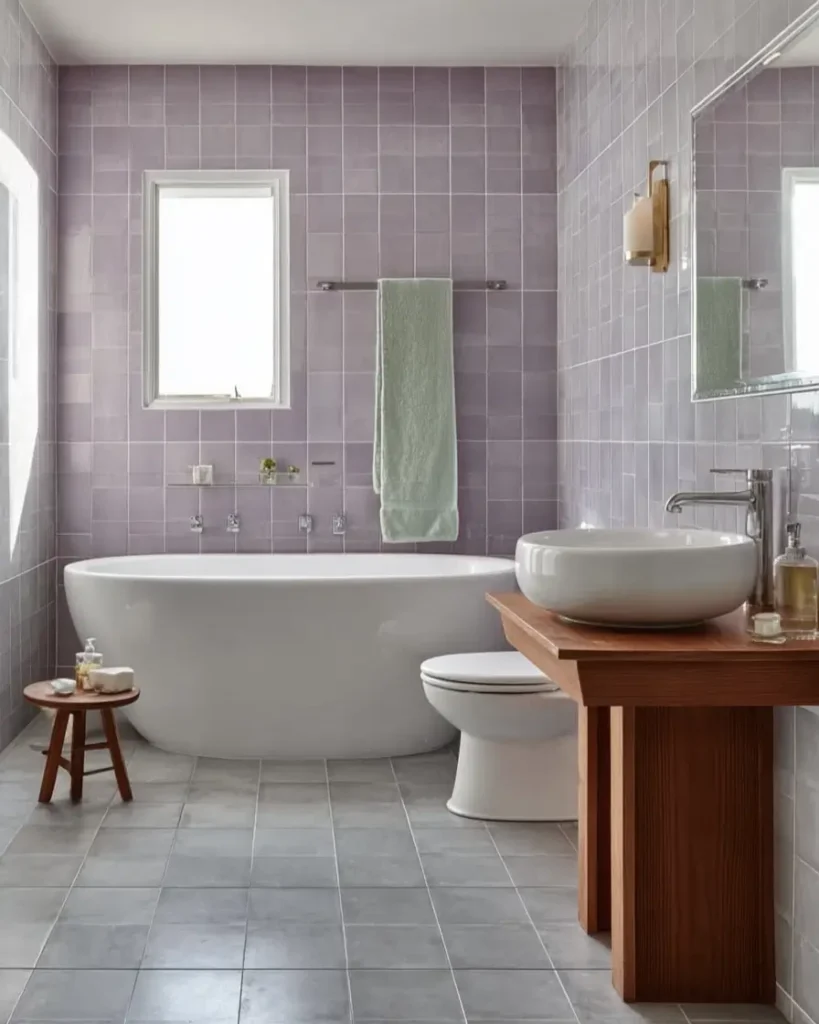 46 Scandinavian Bathroom Design Ideas for a Serene Sanctuary 38 Lavender square wall tiles with freestanding tub and teak vanity in a soft pastel bathroom.