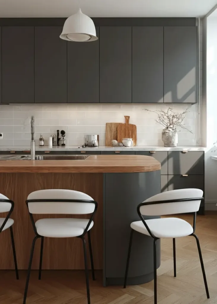 Scandinavian kitchen ideas featuring matte grey cabinetry and curved island.