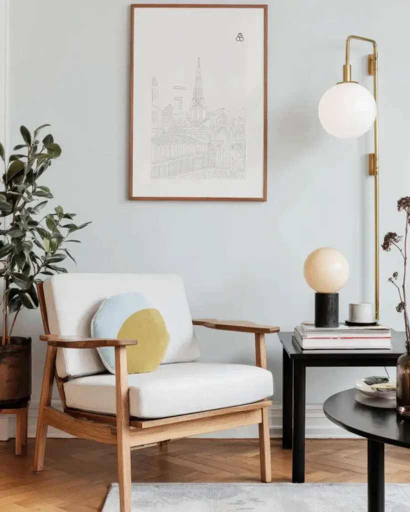 A contemporary Scandinavian reading corner with a light wood chair, brass wall light, and herringbone floor.