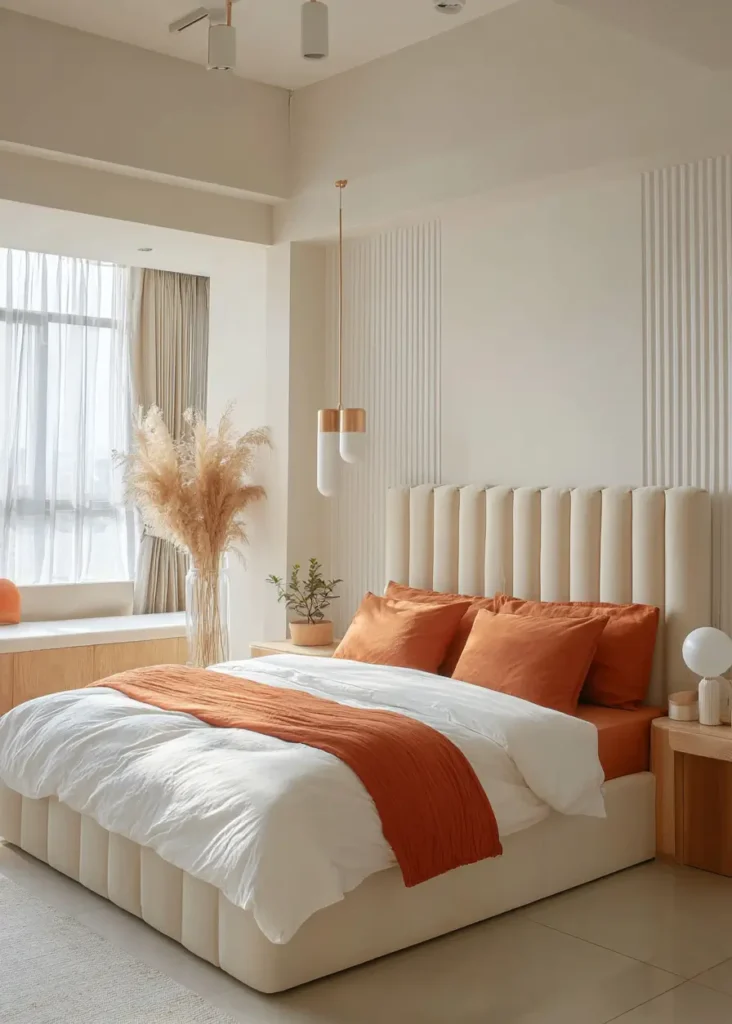 49 Headboard Design Ideas That Instantly Elevate Your Bedroom 39 Cream vertical channel tufted velvet headboard with rust orange bedding and modern pendant light.