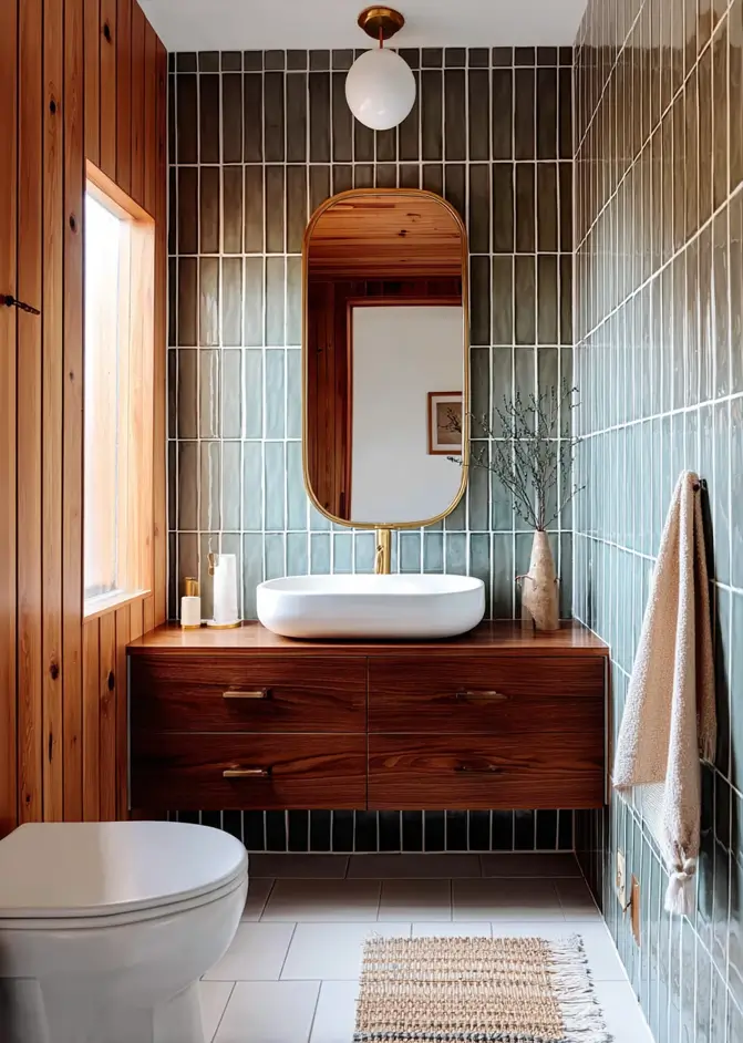 43 Mid Century Modern Small Bathroom Ideas for a Timeless Oasis (2025) 39 Walnut floating vanity with white vessel sink and vertical teal tiles in a mid century bathroom.