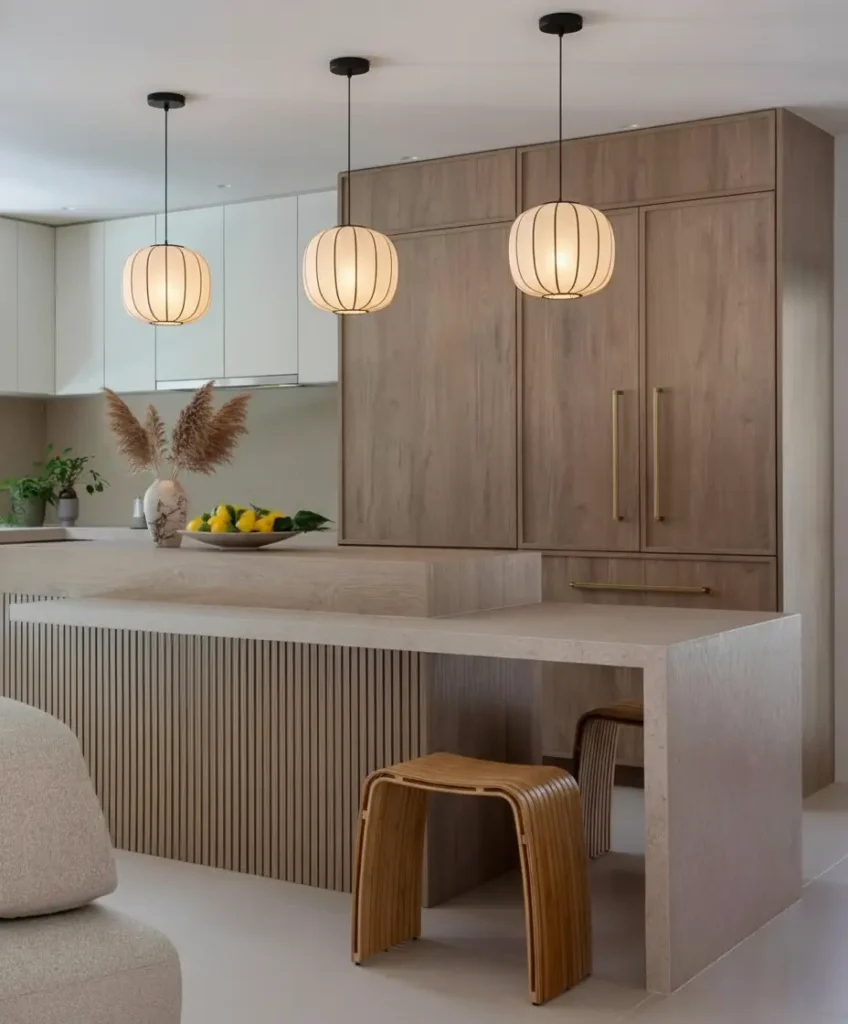 A modern Japandi kitchen by Quarter2one Studio with a wood-slat island, Dekton countertops, and paper-lantern pendants.