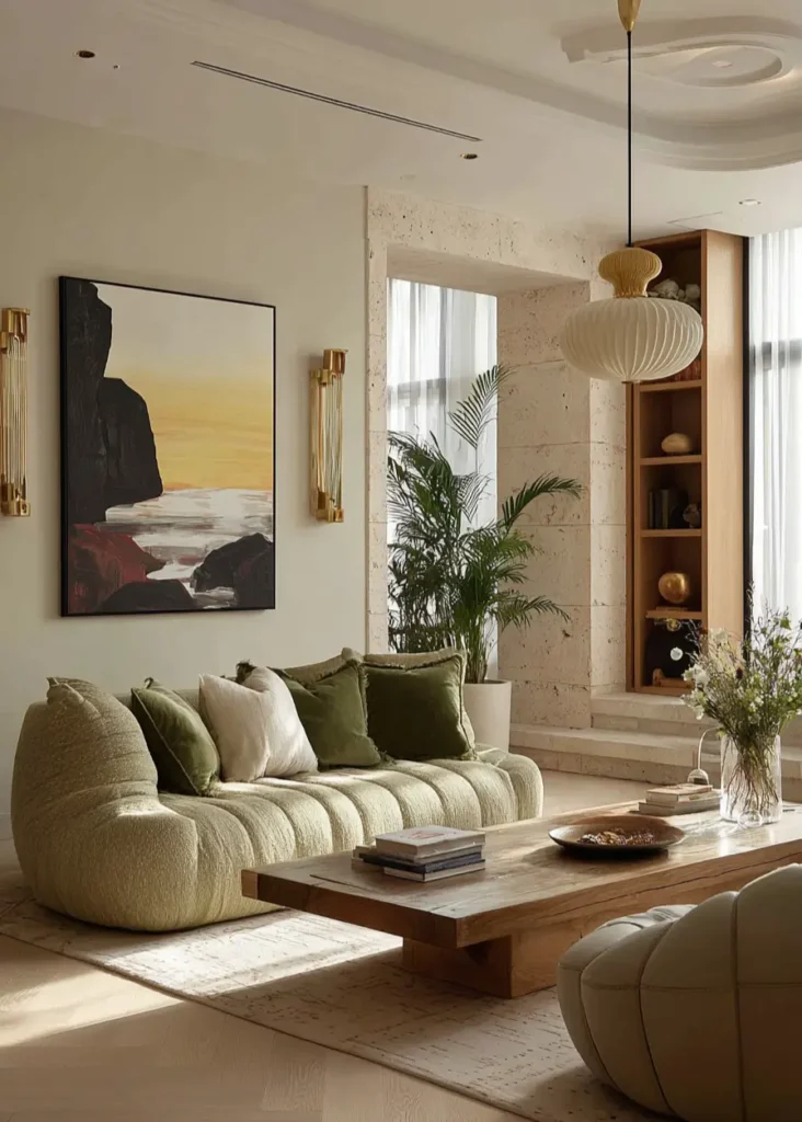46 Modern Mediterranean Living Room Design Ideas 39 Modern Mediterranean style living room with sculptural moss green ribbed sofa.