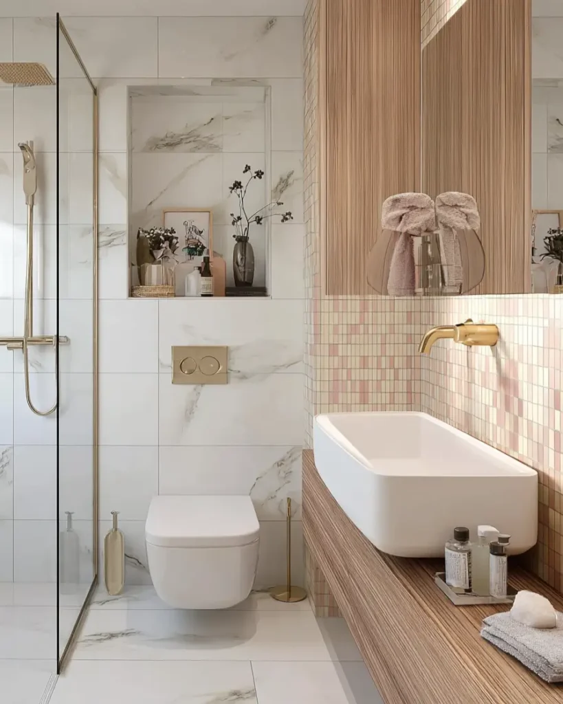 46 Scandinavian Bathroom Design Ideas for a Serene Sanctuary 39 Pastel mosaic tile wall in pink and cream tones behind a white vessel sink and wood vanity.