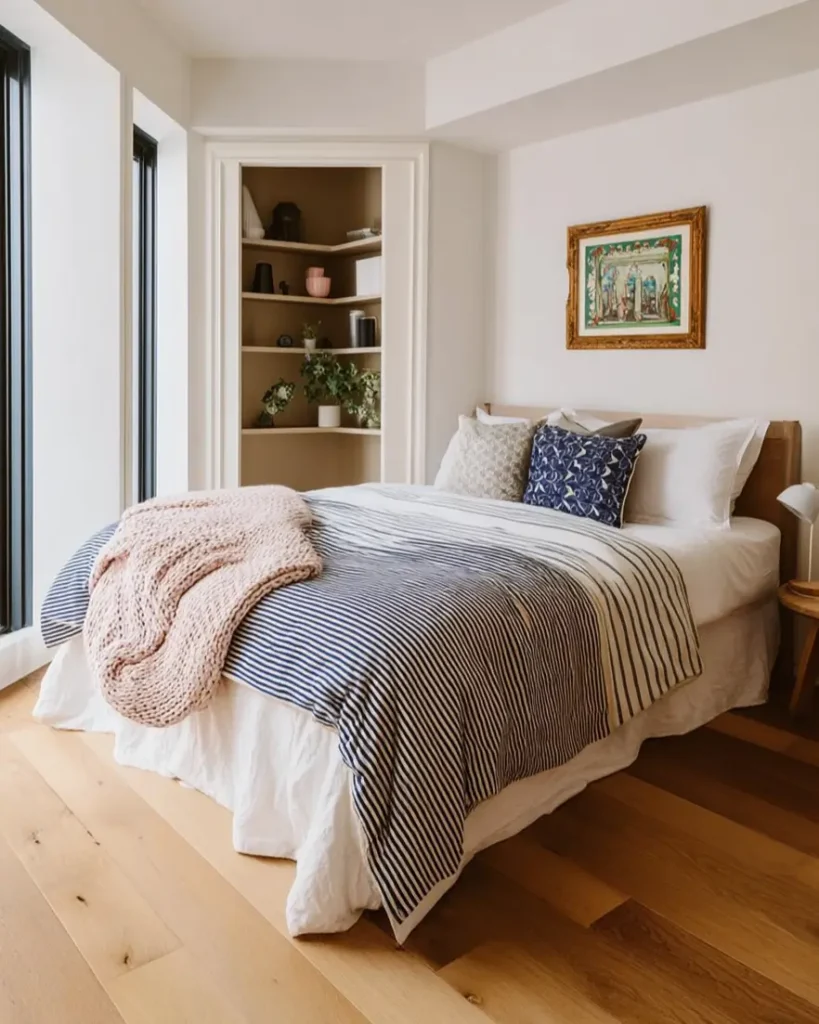 47 Scandinavian Bedroom Interior Design Ideas for a Serene Retreat 39 Scandinavian design bedroom with a pink chunky knit throw, a striped blanket, and built-in corner shelving.