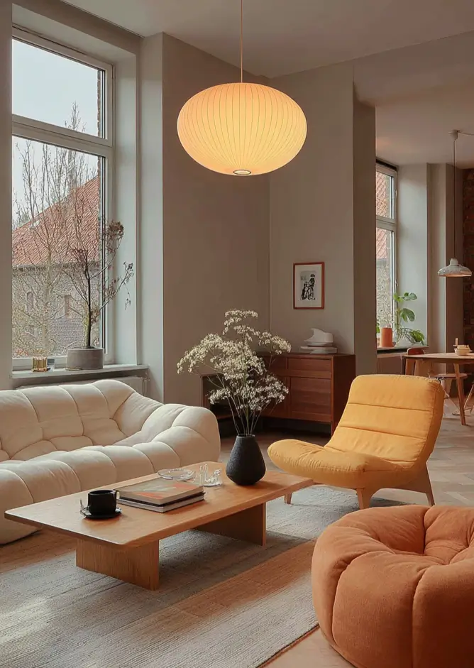 A contemporary living room with a white tufted sofa, a yellow armchair, and an iconic bubble pendant light in a room with large windows.