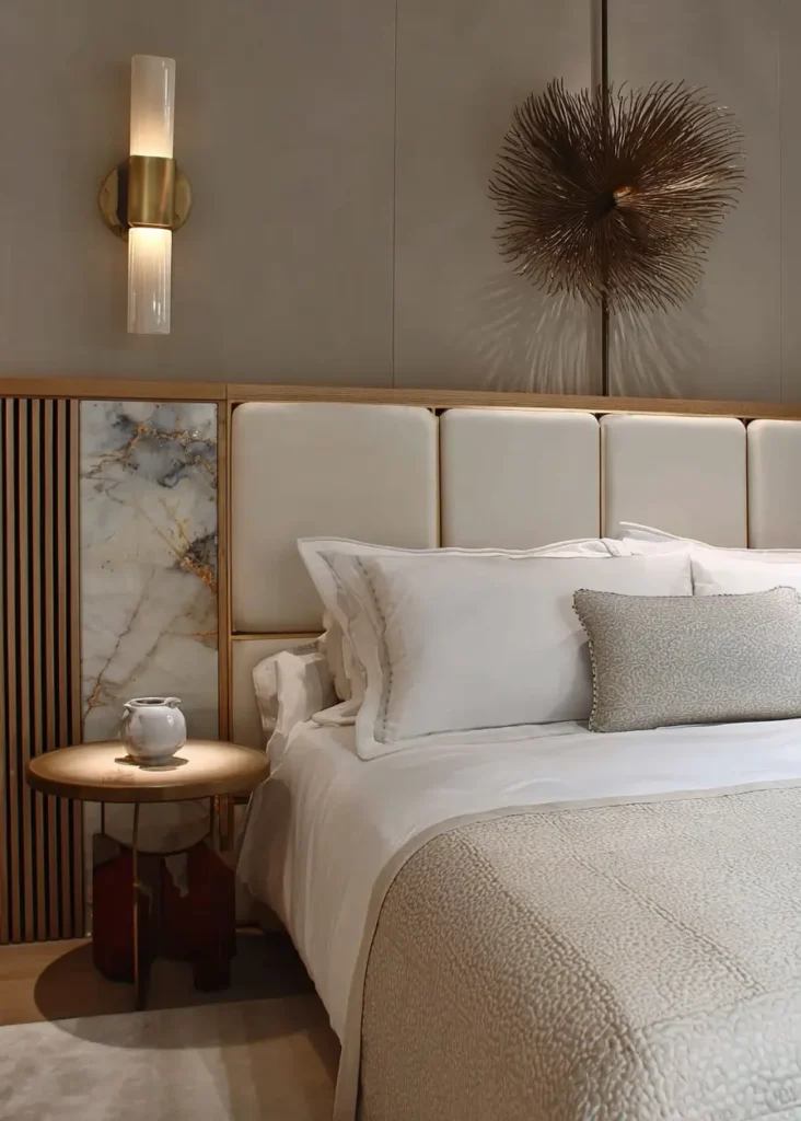 49 Headboard Design Ideas That Instantly Elevate Your Bedroom 40 Cream upholstered headboard flanked by marble panels and wood slats with brass lighting.