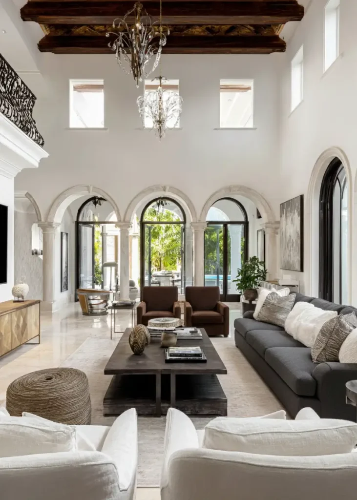 46 Modern Mediterranean Living Room Design Ideas 40 Luxury Mediterranean living room with triple stone arches framing a garden view.