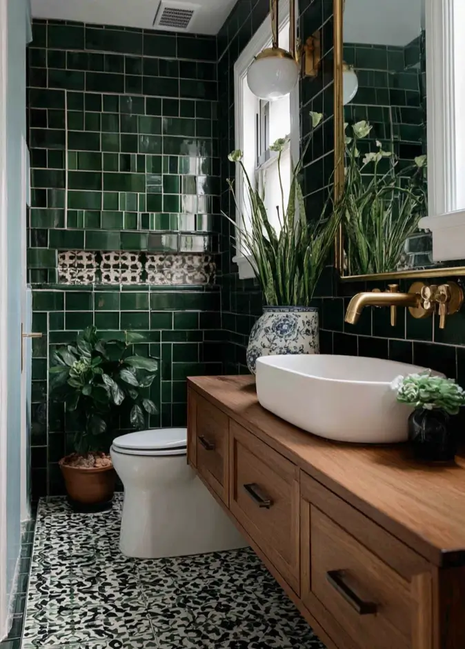 43 Mid Century Modern Small Bathroom Ideas for a Timeless Oasis (2025) 40 Floating teak vanity with white vessel sink and deep emerald green wall tiles.