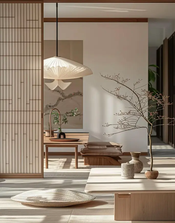 A serene Japandi space with a low wood table, a floor cushion, and wabi-sabi ceramics.