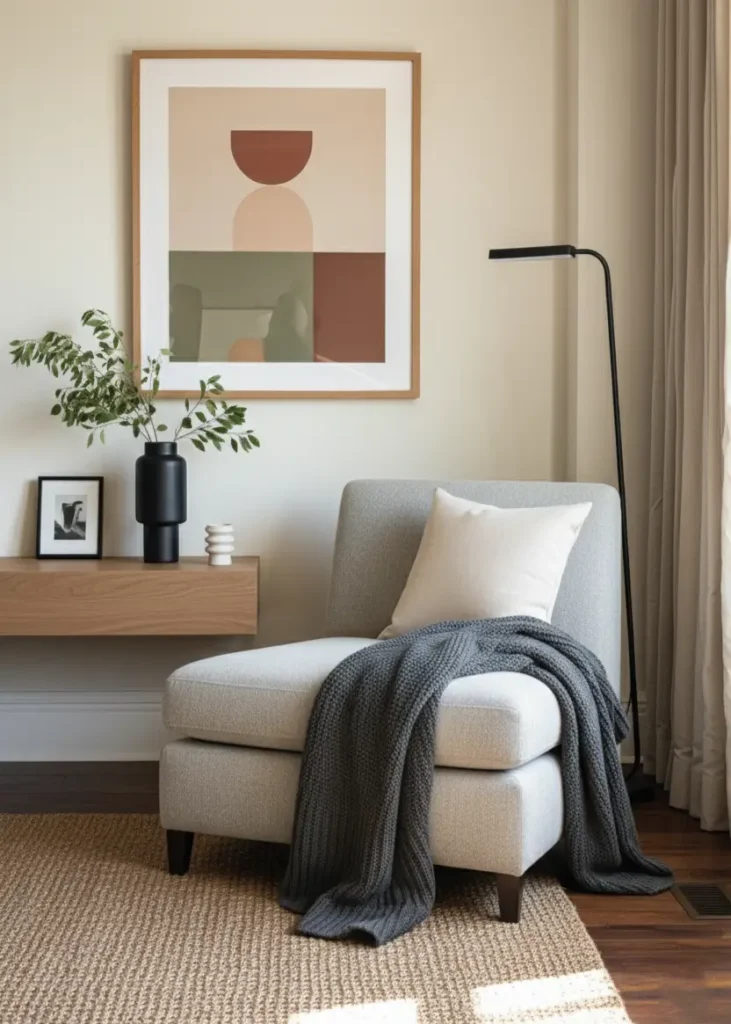 A modern ranch style interior design reading nook with a gray chaise, floating wood shelf, and abstract art.